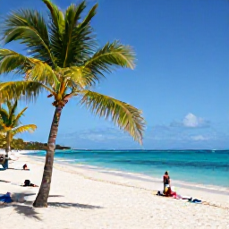 Caribbean Holidays, Cheap Guadeloupe July, A sunny Guadeloupe beach in July with turquoise sea, palm trees and a few relaxed holidaymakers