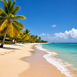 Caribbean Holidays, Cheap Guadeloupe June, Golden sandy beach in Grande-Terre, Guadeloupe, with clear shallow water and coconut palms