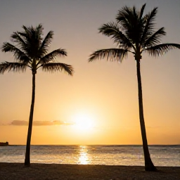 Caribbean Holidays, Cheap Guadeloupe June, Relaxed Guadeloupe sunset over a palm-fringed beach with warm golden light