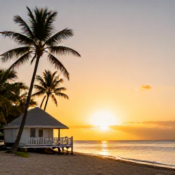 Caribbean Holidays, Cheap Guadeloupe March, Relaxed Guadeloupe sunset over a sandy beach with small hotel, palm trees and warm evening light