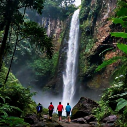 Caribbean Holidays, Cheap Guadeloupe March, Travellers walking through lush Guadeloupe rainforest towards a waterfall in Basse-Terre