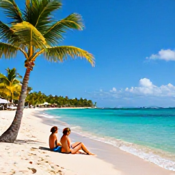 Caribbean Holidays, Cheap Guadeloupe May, A sunny Guadeloupe beach in May with clear turquoise water, palm trees and a relaxed couple enjoying the shore