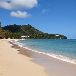 Caribbean Holidays, Cheap Guadeloupe May, Anse de la Perle beach in Guadeloupe with golden sand, calm blue sea and green tropical hills in the background