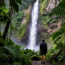 Caribbean Holidays, Cheap Guadeloupe May, Hiker on a rainforest trail in Guadeloupe National Park near a waterfall, surrounded by lush green vegetation