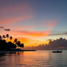 Caribbean Holidays, Cheap Guadeloupe October, A colourful sunset over a Guadeloupe coastline with calm sea, palm silhouettes and a small fishing boat