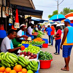 Caribbean Holidays, Cheap Haiti April, Friendly Haitian market street with colourful produce, local crafts and visitors browsing in daylight