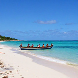 Caribbean Holidays, Cheap Haiti April, Haitian sandy beach with clear Caribbean water, a small wooden boat and visitors relaxing in April sunshine