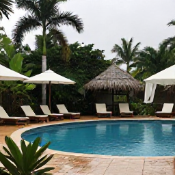 Caribbean Holidays, Cheap Haiti August, A comfortable Haiti holiday hotel with an outdoor pool, shaded loungers and tropical gardens after a light August shower