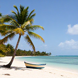 Caribbean Holidays, Cheap Haiti August, A peaceful Haitian beach with palm trees, calm blue water and a small boat near the shore