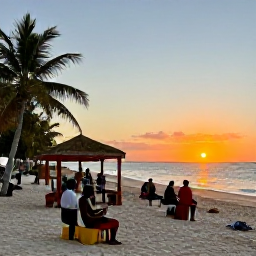 Caribbean Holidays, Cheap Haiti December, Visitors enjoying a relaxed Haitian beach evening with local food, music and warm sunset light