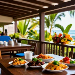 Caribbean Holidays, Cheap Haiti February, Friendly Haitian restaurant serving colourful local dishes on a shaded terrace, with tropical plants and relaxed holiday atmosphere