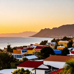 Caribbean Holidays, Cheap Haiti February, Sunset over a Haitian coastal town with warm light, colourful buildings and distant mountains