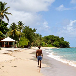 Caribbean Holidays, Cheap Haiti February, Traveller enjoying a quiet sandy beach near Jacmel, Haiti, with gentle waves, tropical greenery and a small guesthouse