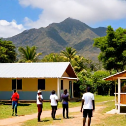 Caribbean Holidays, Cheap Haiti Holidays, A responsible traveller meeting Haitian residents in a sunny village setting, with mountains and tropical greenery in the background