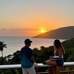 Caribbean Holidays, Cheap Haiti Holidays, Friendly travellers enjoying a relaxed sunset view over Haiti&rsquo;s coastline, with warm evening light and tropical hills