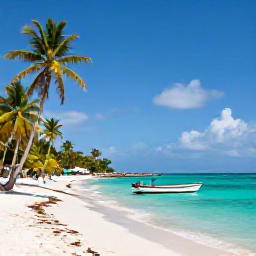 Caribbean Holidays, Cheap Haiti Holidays, Quiet sandy Haitian beach in June with clear turquoise water, palm trees and a small local boat