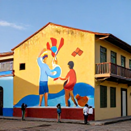 Caribbean Holidays, Cheap Haiti Holidays, Visitors admiring the colourful murals and historic buildings of Jacmel, Haiti, in warm afternoon sunshine