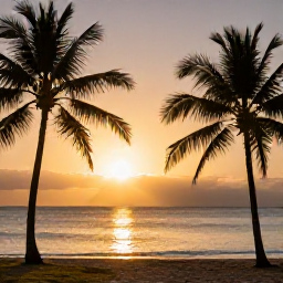Caribbean Holidays, Cheap Haiti January, Golden sunset over a Haitian coastline with palm silhouettes, calm sea and a peaceful end-of-day atmosphere