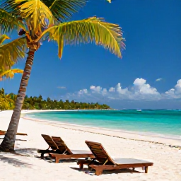 Caribbean Holidays, Cheap Haiti January, Quiet Haitian beach with sun loungers, palm-fringed shore and calm blue Caribbean sea in January