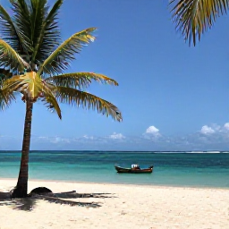 Caribbean Holidays, Cheap Haiti January, Quiet Haitian beach with turquoise water, palm trees and a small local fishing boat under bright January sunshine
