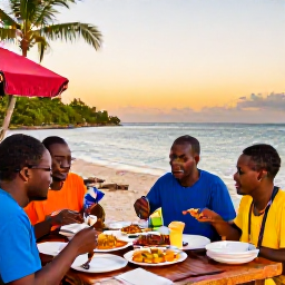 Caribbean Holidays, Cheap Haiti January, Visitors enjoying a relaxed Haitian seaside meal with local dishes, colourful surroundings and warm evening light