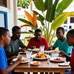 Caribbean Holidays, Cheap Haiti July, Friendly travellers sharing a simple Haitian meal at an outdoor restaurant in July, with colourful dishes and tropical plants