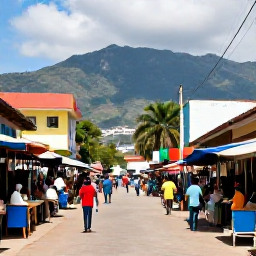 Caribbean Holidays, Cheap Haiti March, Colourful Port-au-Prince street scene in Haiti during warm March sunshine, with local markets and mountain scenery