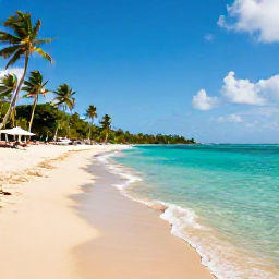 Caribbean Holidays, Cheap Haiti March, Quiet tropical beach in Haiti with clear turquoise water, golden sand and a few palm trees under a bright March sky