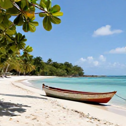 Caribbean Holidays, Cheap Haiti May, Beautiful Haitian beach near Jacmel with calm blue sea, tropical greenery and a small wooden boat