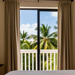 Caribbean Holidays, Cheap Haiti May, Comfortable budget-friendly hotel room in Haiti with balcony, tropical view and soft natural light