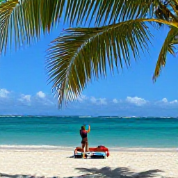 Caribbean Holidays, Cheap Instagram Hotspots, A bright Caribbean beach with turquoise water, palm trees and a relaxed traveller taking a phone photograph, sunny natural light
