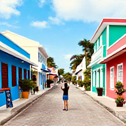 Caribbean Holidays, Cheap Instagram Hotspots, A colourful Caribbean street with painted buildings, local shops, tropical plants and a traveller photographing the scene