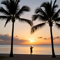 Caribbean Holidays, Cheap Instagram Hotspots, A relaxed Caribbean sunset over calm sea, silhouettes of palm trees and a traveller photographing the golden sky from a beach