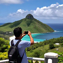 Caribbean Holidays, Cheap Instagram Hotspots, A scenic Caribbean viewpoint overlooking green hills, blue sea and a small bay, with a traveller taking a panoramic phone photograph