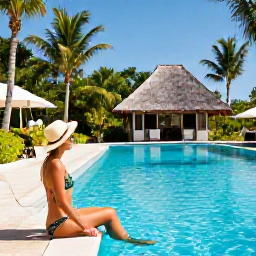 Caribbean Holidays, Cheap Jamaica April, Traveller relaxing beside a Jamaican resort swimming pool with tropical gardens and sunshine