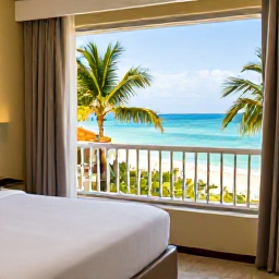 Caribbean Holidays, Cheap Jamaica August, Comfortable budget hotel room in Jamaica with balcony overlooking palm trees and the Caribbean Sea