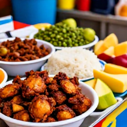 Caribbean Holidays, Cheap Jamaica August, Jamaican street food including jerk chicken, rice and peas and tropical fruit served at a colourful local market