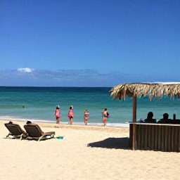 Caribbean Holidays, Cheap Jamaica August, Travellers relaxing on a beautiful Jamaican beach near Negril, with clear sea and a casual beach bar