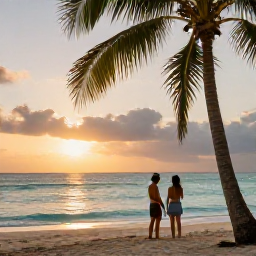 Caribbean Holidays, Cheap Jamaica December, Relaxed Jamaican beach holiday scene with a couple watching the sunset, palm trees and calm turquoise sea