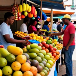 Caribbean Holidays, Cheap Jamaica Holidays, Colourful Jamaican street market with fresh tropical fruit, local crafts and friendly shoppers in warm daylight