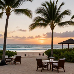 Caribbean Holidays, Cheap Jamaica Holidays, Relaxed Jamaican resort overlooking a palm-fringed beach at sunset, with comfortable outdoor seating and warm evening light