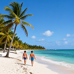 Caribbean Holidays, Cheap Jamaica Holidays, Sunny Jamaican beach in May with turquoise water, palm trees and a relaxed couple walking along the sand