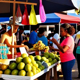 Caribbean Holidays, Cheap Jamaica June, Colourful Jamaican street market with tropical fruit, local crafts and friendly shoppers in warm afternoon light