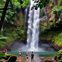 Caribbean Holidays, Cheap Jamaica June, Jamaican waterfall surrounded by lush green forest, with visitors walking through shallow water beneath a tropical canopy