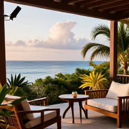 Caribbean Holidays, Cheap Jamaica June, Relaxed Jamaican resort terrace overlooking the sea with tropical plants, comfortable seating and warm evening light