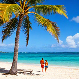 Caribbean Holidays, Cheap Jamaica June, Sunny Jamaican beach in June with palm trees, turquoise sea and a relaxed couple enjoying the shoreline