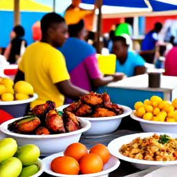 Caribbean Holidays, Cheap Jamaica March, Jamaican market stall serving jerk chicken, fresh tropical fruit and colourful local dishes in a lively outdoor setting