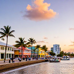 Caribbean Holidays, Cheap Jamaica March, Montego Bay Jamaica waterfront at sunset with colourful buildings, palm-lined streets and travellers exploring the town
