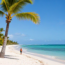 Caribbean Holidays, Cheap Jamaica March, Sunny Jamaican beach in March with clear turquoise water, palm trees and a relaxed traveller enjoying the warm weather