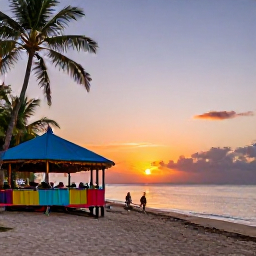Caribbean Holidays, Cheap Jamaica October, Colourful Negril beach at sunset in October, with a calm Caribbean sea, reggae atmosphere and small beachfront bars